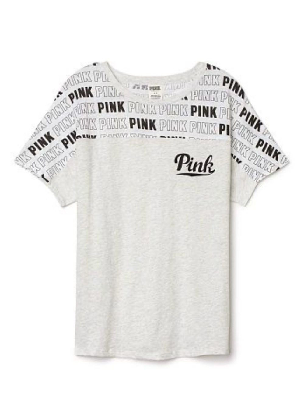PINK Victoria's Secret Heather Gray Tee with Black Logo and Repeat-Print Yoke